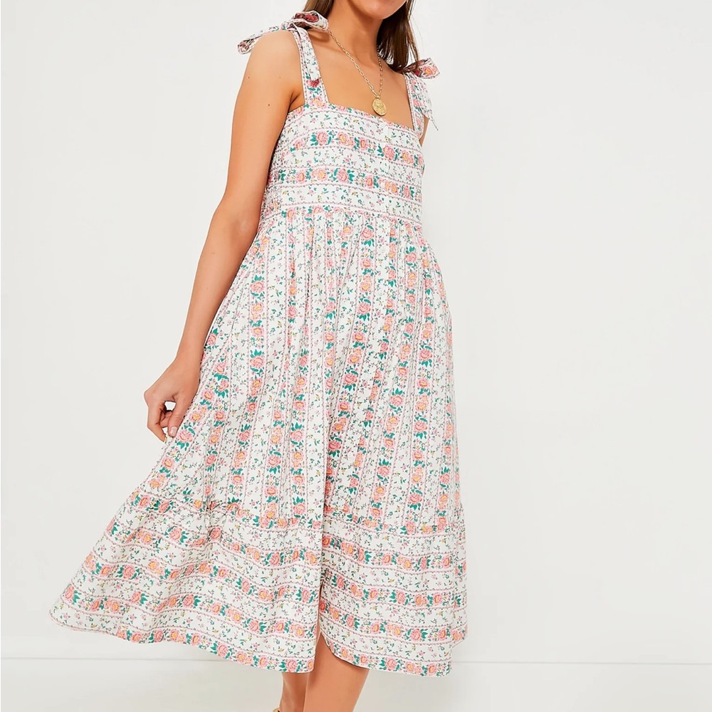 Tuckernuck White Midi Dress with Pink and Green Floral Print